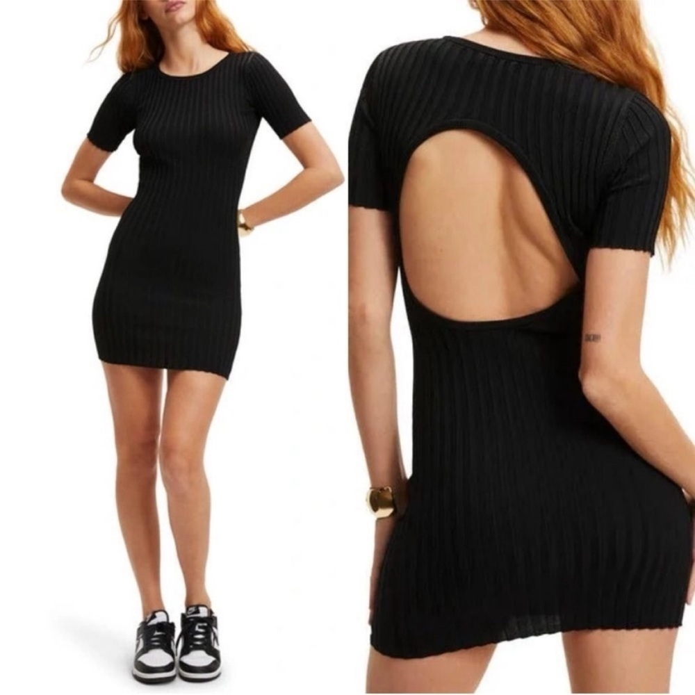 Good American Ribbed Knit Bodycon Mini Dress Black Open Back XS
